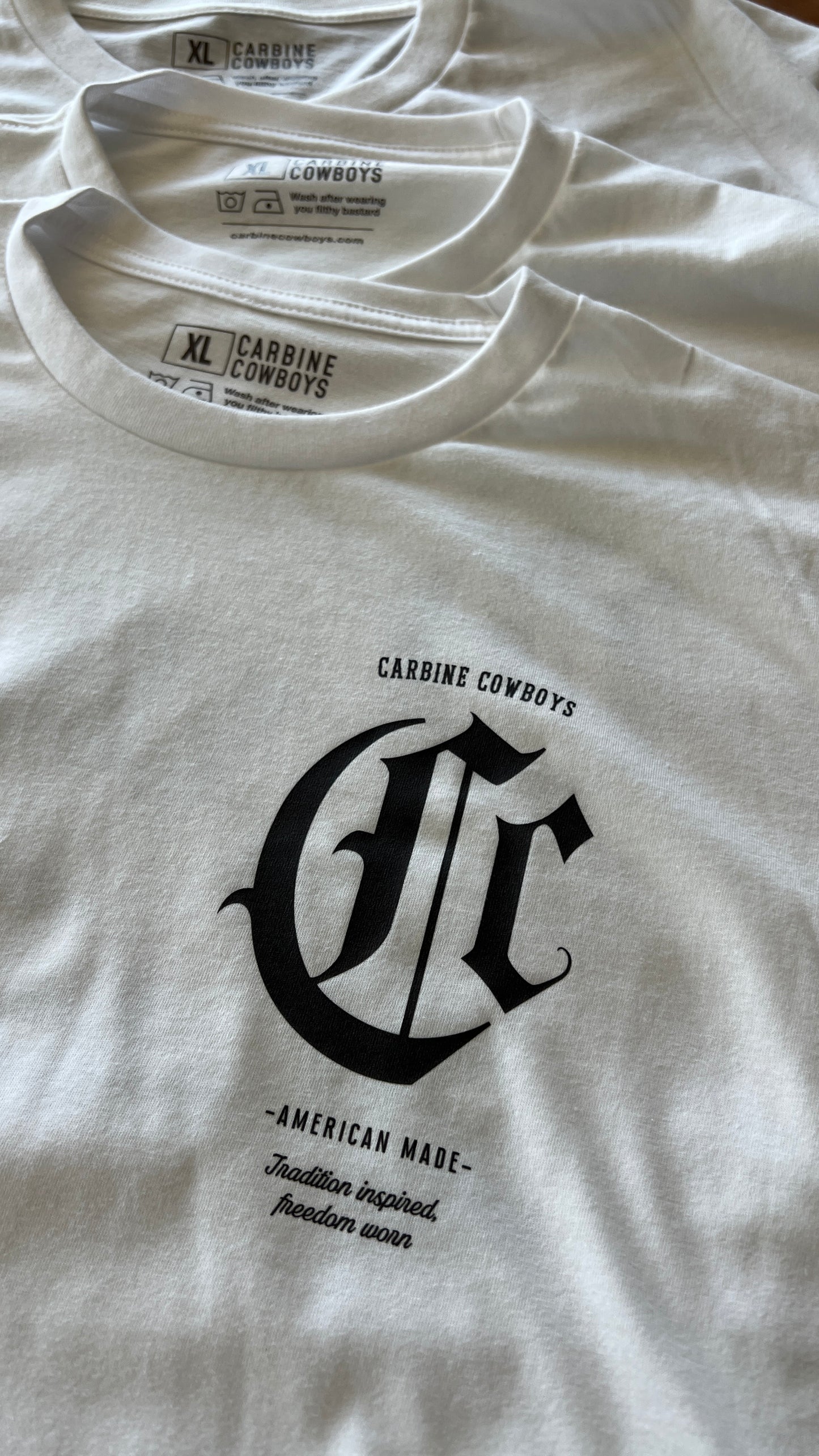 White Carbine Cowboys tee front. American-Made, Tradition-Inspired, Freedom-Worn.