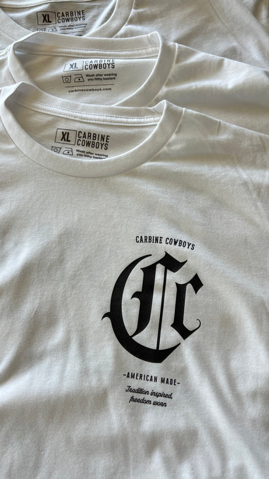 White Carbine Cowboys tee front. American-Made, Tradition-Inspired, Freedom-Worn.
