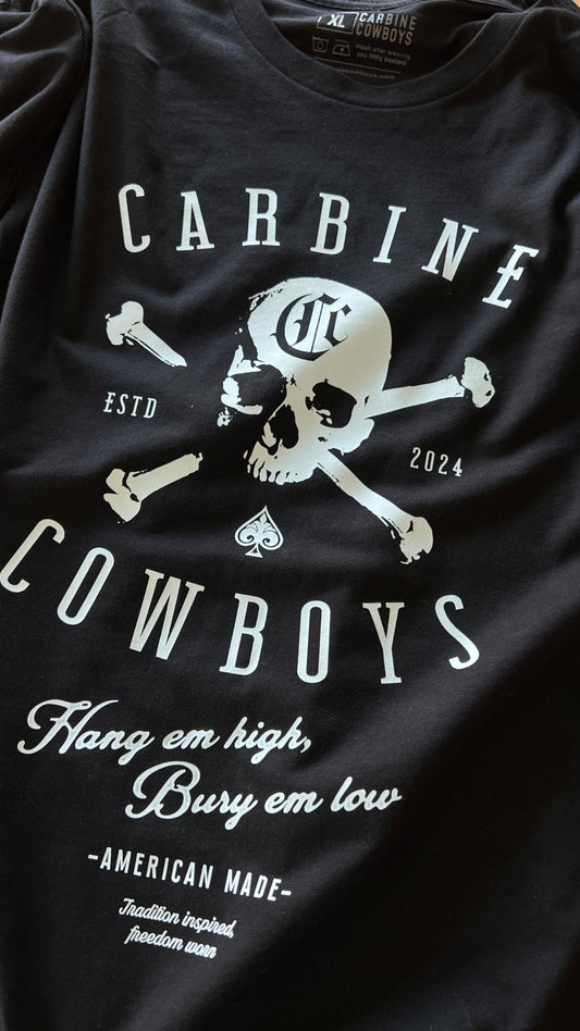 Black Carbine Cowboys Hang Em High tee front. American-Made, Tradition-Inspired, Freedom-Worn.