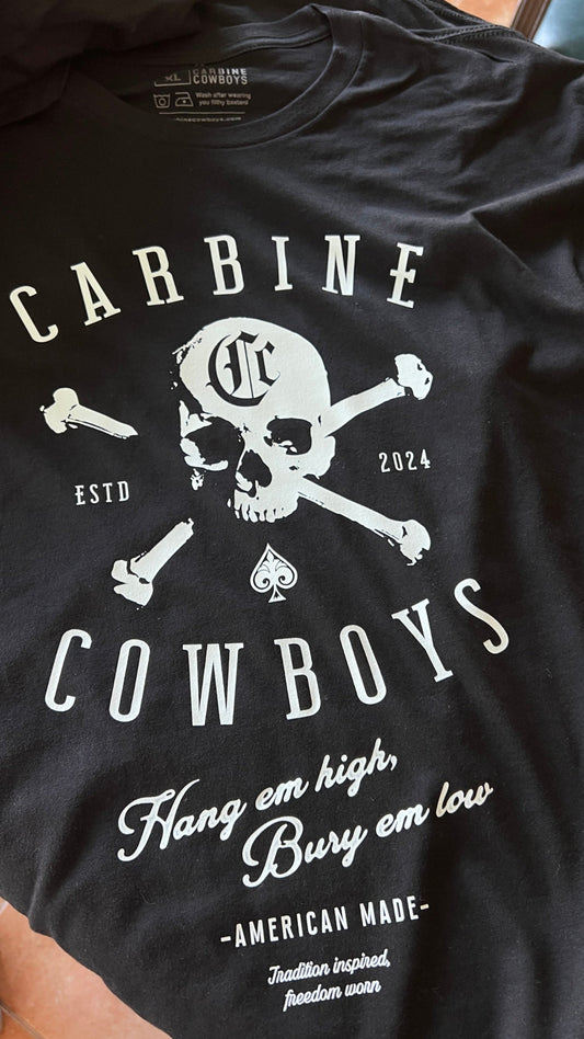 Black Carbine Cowboys Hang Em High tee front. American-Made, Tradition-Inspired, Freedom-Worn.