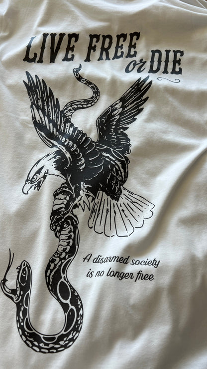 White Carbine Cowboys Live Free or Die tee back. A disarmed society is no longer free.
