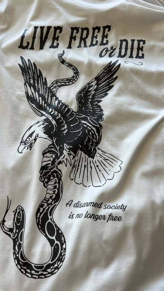 White Carbine Cowboys Live Free or Die tee back. A disarmed society is no longer free.