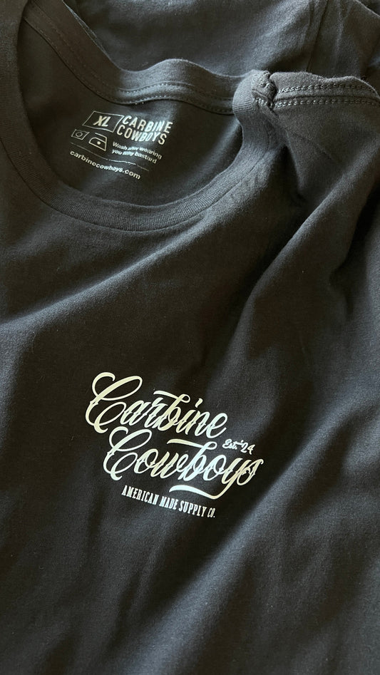 Black Carbine Cowboys Tattoo Script tee front. American-Made, Tradition-Inspired, Freedom-Worn.