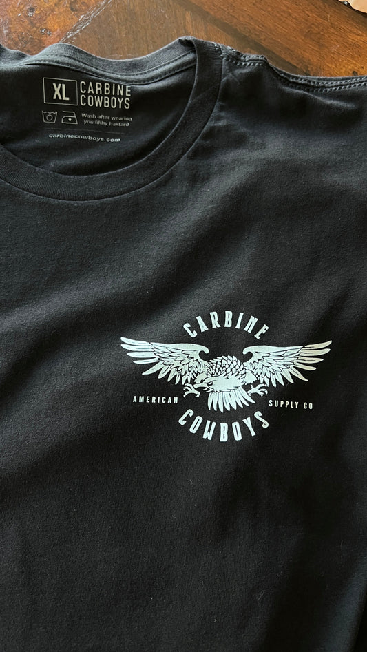 Black Carbine Cowboys tee front. American-Made, Tradition-Inspired, Freedom-Worn.