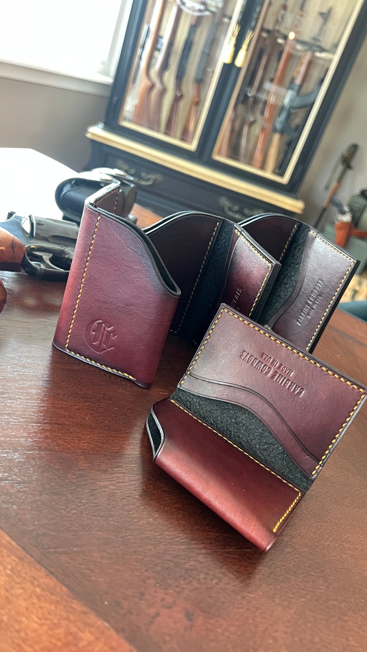 Cut, dyed and stitched by hand from rawhide leather. Made in USA