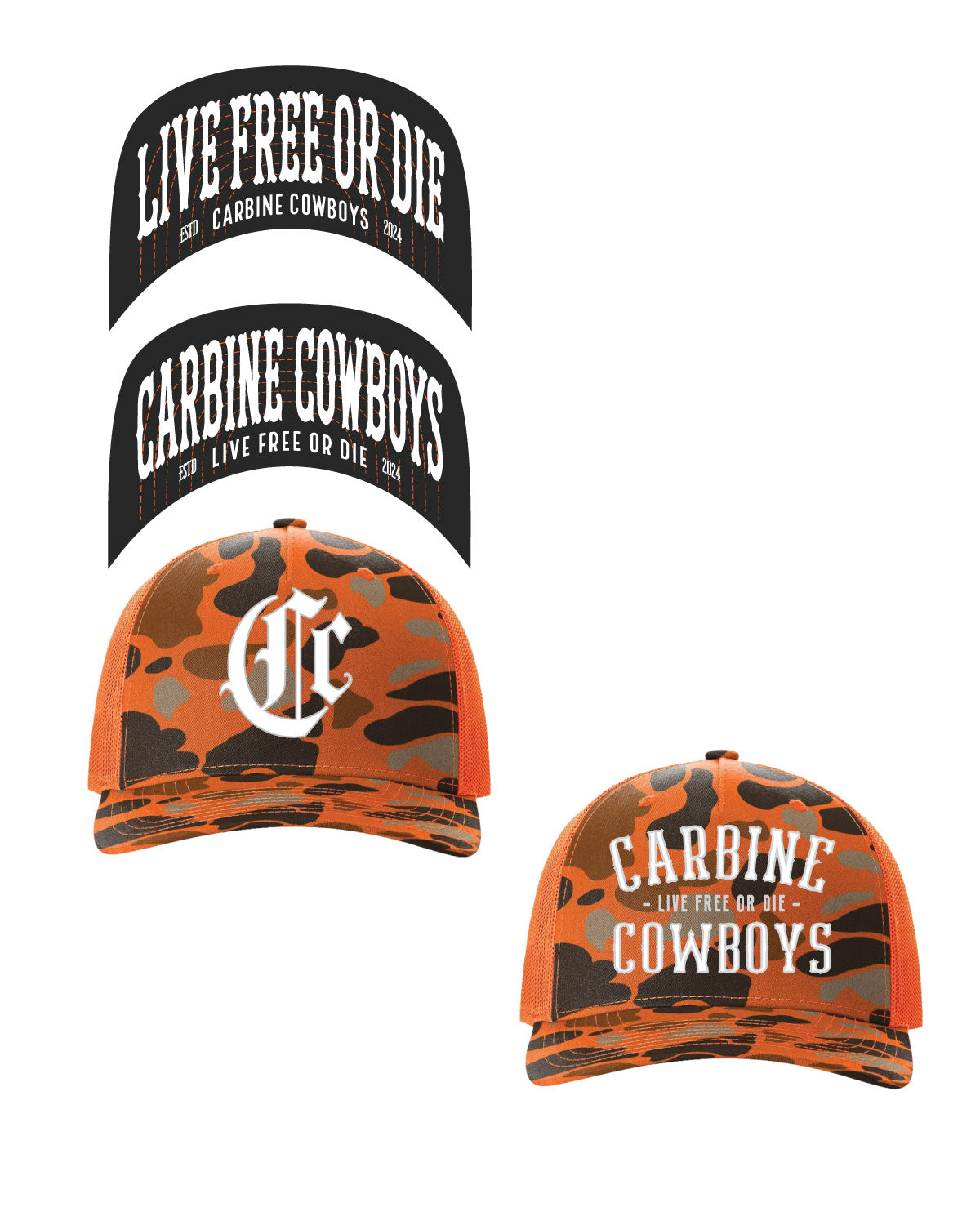 Orange Camo 5 Panel Trucker