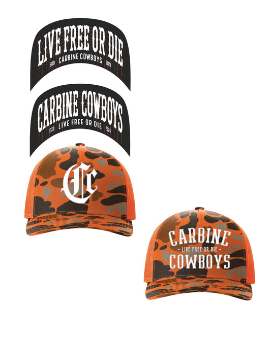 Orange Camo 5 Panel Trucker